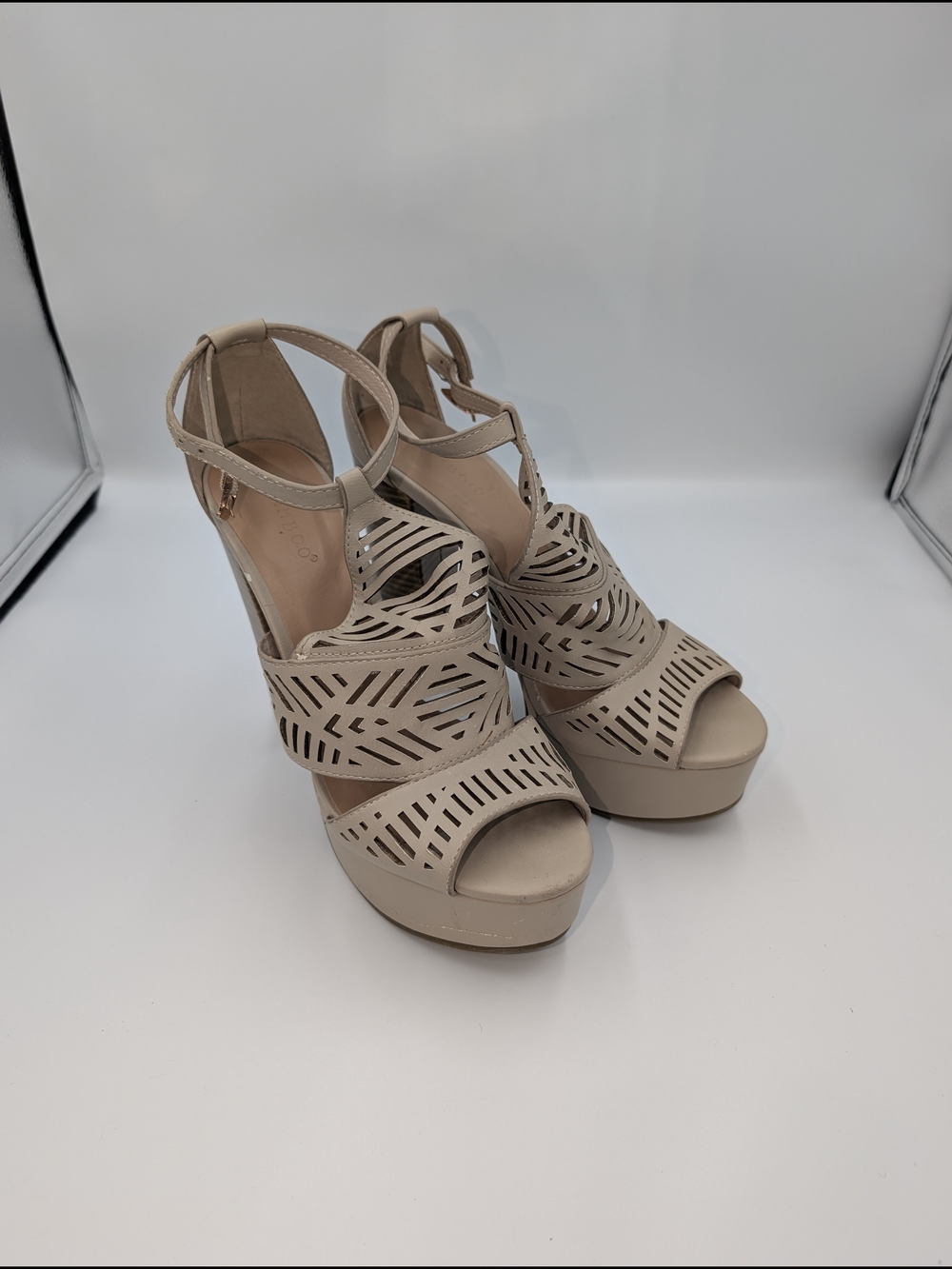 BAMBOO Beige Laser-Cut Platform Ankle-Strap Heels